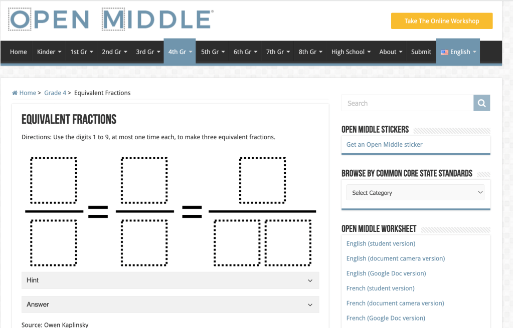 Owen Kaplinski's 4th Grade Equivalent Fractions Open Middle Task.  